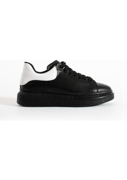 Guinas Kadin Hakiki Deri Bagcikli Siyah Beyaz Sneaker