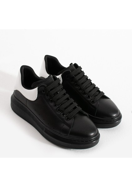 Guinas Kadin Hakiki Deri Bagcikli Siyah Beyaz Sneaker