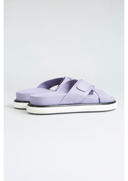 Luiza Kadin Hakiki Deri Bagciksiz Lila Terlik modelleri