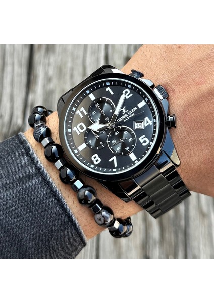 Fonksiyonlu Siyah Renk Garantili Orijinal Çelik Kordon Erkek Kol Saati Doğal Taş Bileklik Hediyeli DKLNHB08