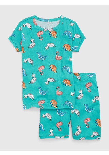 Kız Çocuk Mavi %100 Organik Pamuk Desenli Pijama Şort Takım