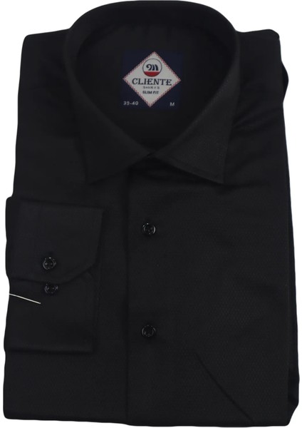 Fistan Store Erkek Siyah Armürlü Spor Kesim Dar Kalıp Cepsiz Uzun Kollu Yazlık Gömlek
