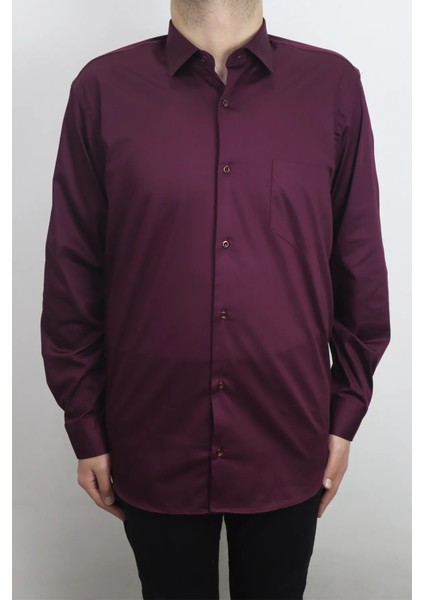 Fistan Store Erkek Bordo Düz Klasik Kesim Rahat Kalıp Tek Cepli Uzun Kollu Yazlık Gömlek
