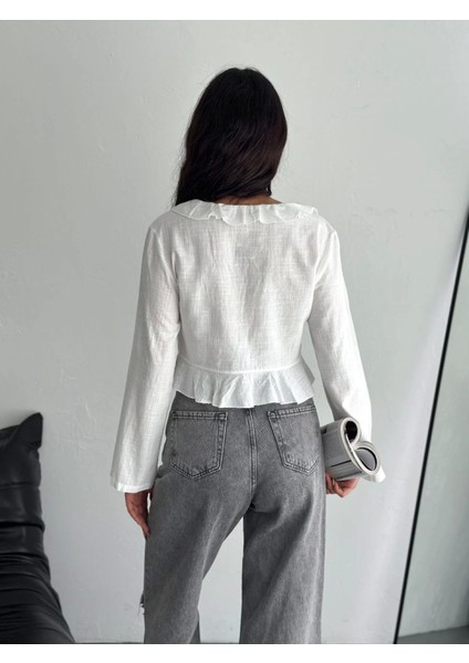 Keten Uzun Kol Bağacık Detaylı Bluz - Beyaz fiyatları