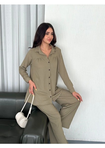 Yakalı Düğmeli Uzun Kollu Gömlek Pantolon Ikili Takım - Bej