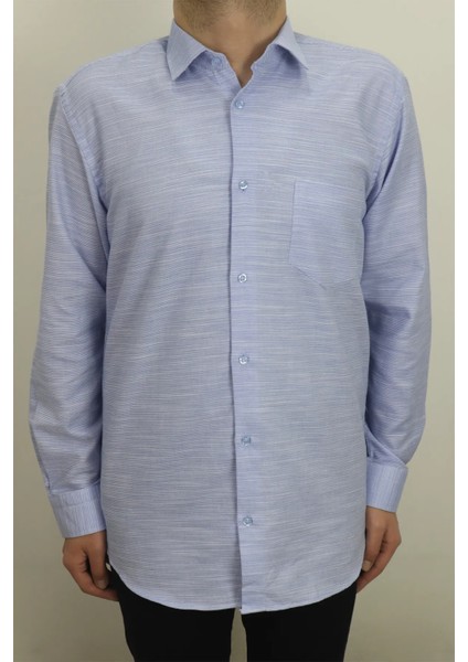 Fistan Store Erkek Mavi Kırçıllı Klasik Kesim Rahat Kalıp Tek Cepli Uzun Kollu Yazlık Gömlek
