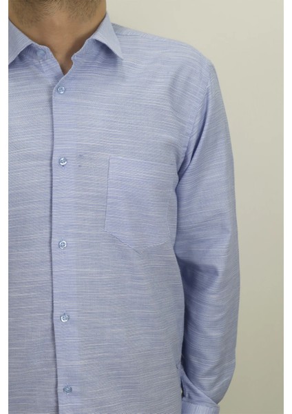 Fistan Store Erkek Mavi Kırçıllı Klasik Kesim Rahat Kalıp Tek Cepli Uzun Kollu Yazlık Gömlek fiyatları
