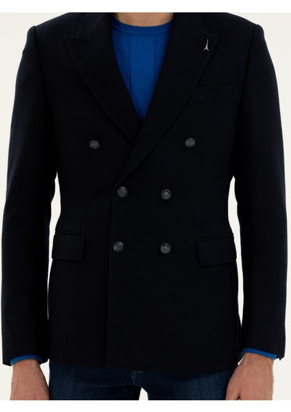 Erkek Lacivert Slim Fit Yün Karışımlı Kruvaze Ceket 50278131-VR033