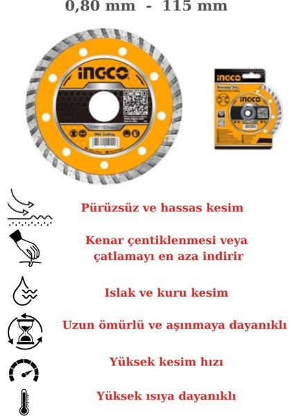 Hassas Fayans Seramik Mermer Kesme Diski Ingco 0,80 mm - 115 mm