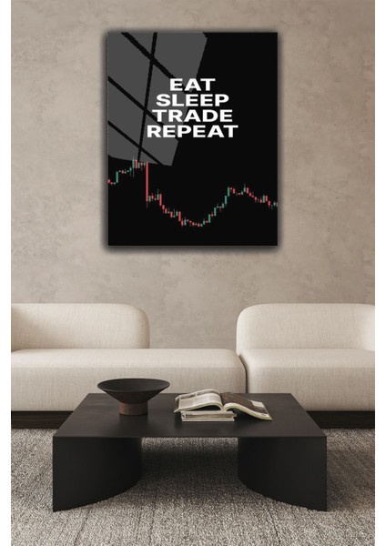 Siyah Eat, Sleep, Trade Borsa Temalı Modern 4 mm Temperli Kırılmaz Cam Tablo