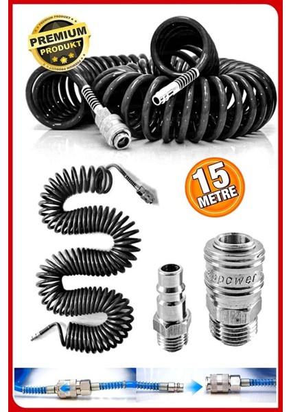 Havalı Yüksek Kalite Kompresör Spiral Hava Hortumu 8 mm 15 Metre Hava Jakı Kompresör Recor Paket