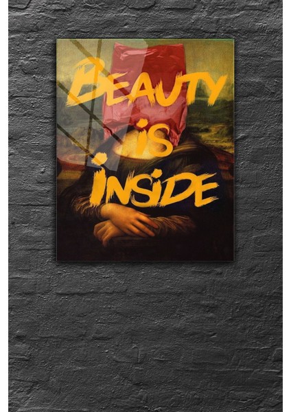 Çok Renkli, Mona Lisa Desen Beauty Is Inside Yazılı Modern Sanat 4 mm Temperli, Kırılmaz Cam Tablo