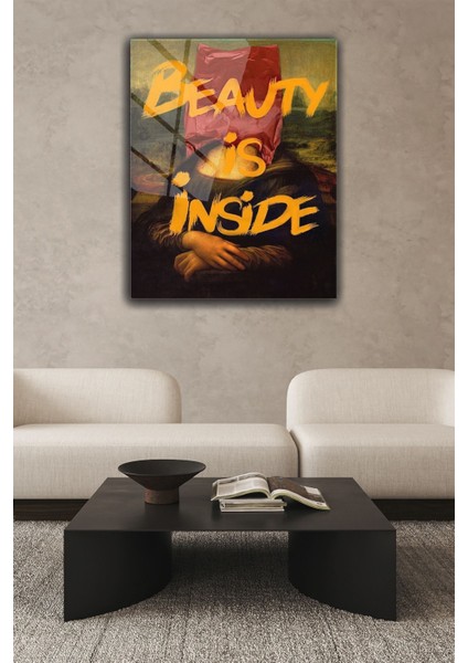 Çok Renkli, Mona Lisa Desen Beauty Is Inside Yazılı Modern Sanat 4 mm Temperli, Kırılmaz Cam Tablo