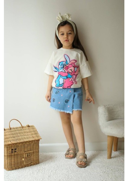 Kız Çocuk Stitch Baskılı Tişört ve Nakışlı Kot Şort Etek Takım