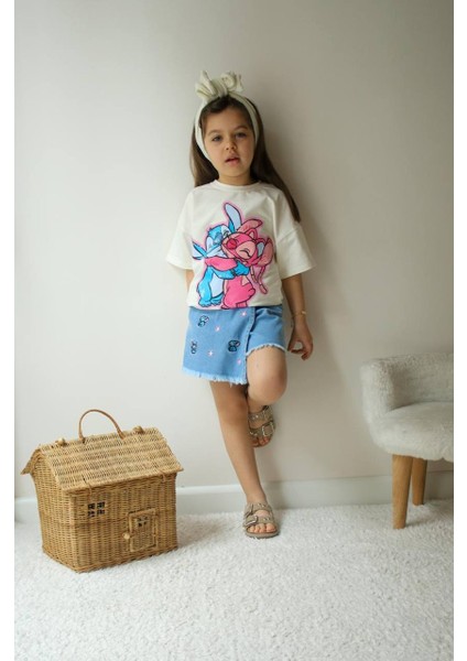 Kız Çocuk Stitch Baskılı Tişört ve Nakışlı Kot Şort Etek Takım