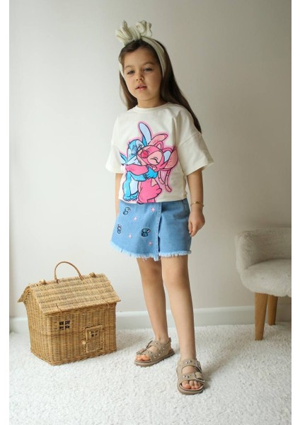 Kız Çocuk Stitch Baskılı Tişört ve Nakışlı Kot Şort Etek Takım