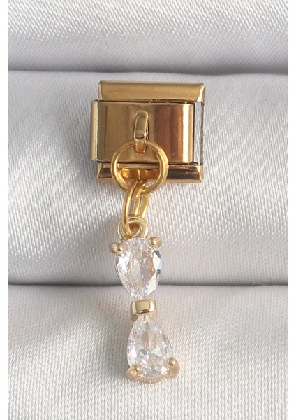 316L Çelik Gold Renk Sallantı Zirkon Taşlı Kurdele Model Nomination Charm - TJ-BC1351