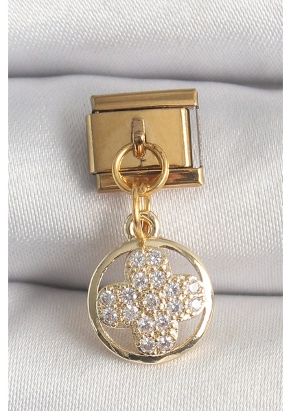 316L Çelik Gold Renk Sallantı Zirkon Taşlı Yonca Model Nomination Charm - TJ-BC1340