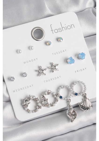 Pirinç Gümüş Renk Incli Zirkon Taşlı Halka Figür Yıldız Detay 7 Çift Kadın Küpe Seti - TJ-BKP10547