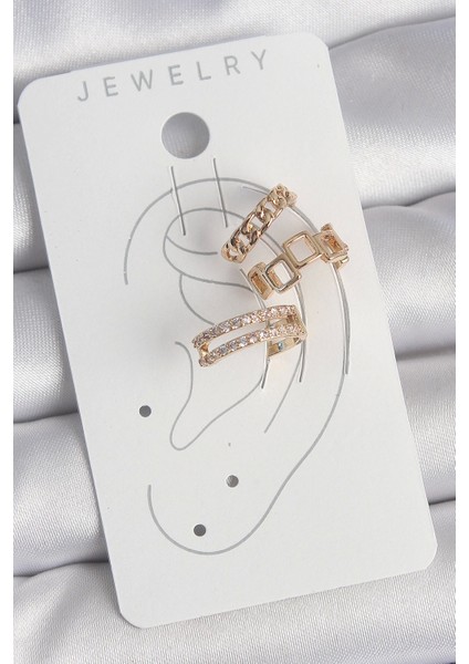 Pirinç Gold Renk Zirkon Taşlı Kare Zincir Model Kadın Kıkırdak Küpe - TJ-BKP10588 fiyatları