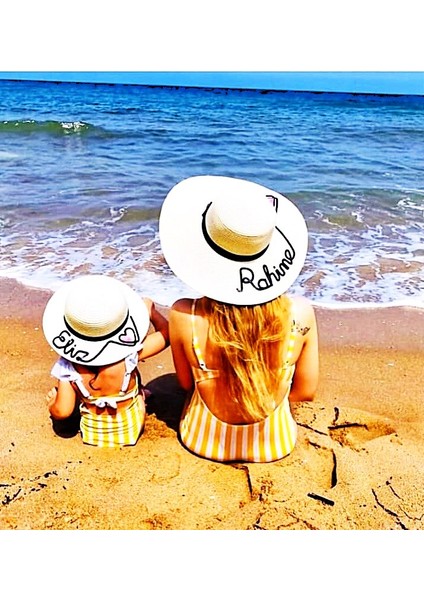 (Isminizi Yazıyoruz) Anne Kız Kombin Hasır Şapka Kadın Çocuk Şapka Plaj Şapkası