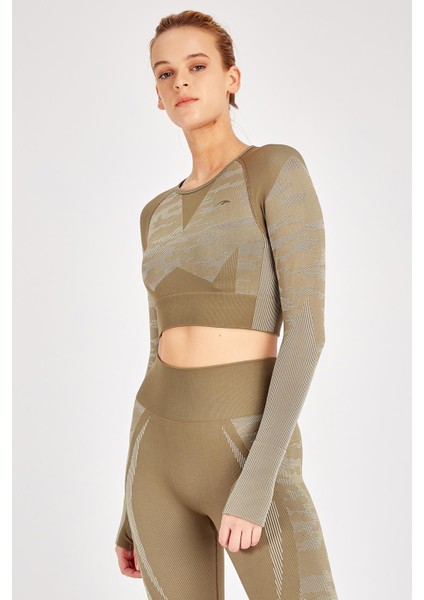 SlimFit Kadın Bisiklet Yaka Uzun Kol Haki Crop Top 816013