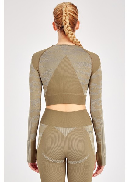 SlimFit Kadın Bisiklet Yaka Uzun Kol Haki Crop Top 816013 fiyatları