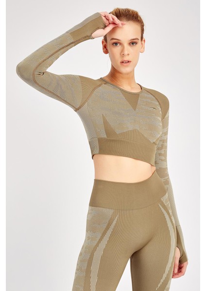 SlimFit Kadın Bisiklet Yaka Uzun Kol Haki Crop Top 816013 modelleri