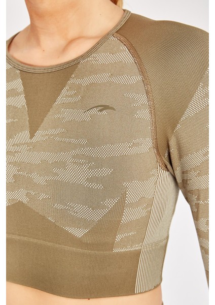 SlimFit Kadın Bisiklet Yaka Uzun Kol Haki Crop Top 816013 fırsatları