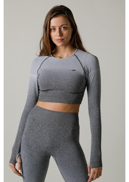 SlimFit Kadın Bisiklet Yaka Uzun Kol Siyah Crop Top 816020