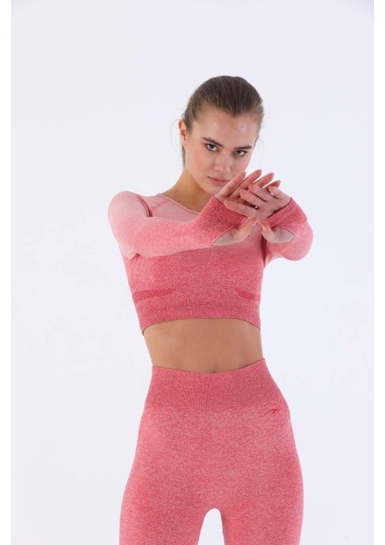 SlimFit Kadın Bisiklet Yaka Uzun Kol Gül Rengi Crop Top 816020