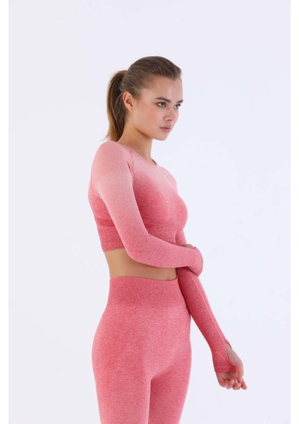SlimFit Kadın Bisiklet Yaka Uzun Kol Gül Rengi Crop Top 816020 modelleri