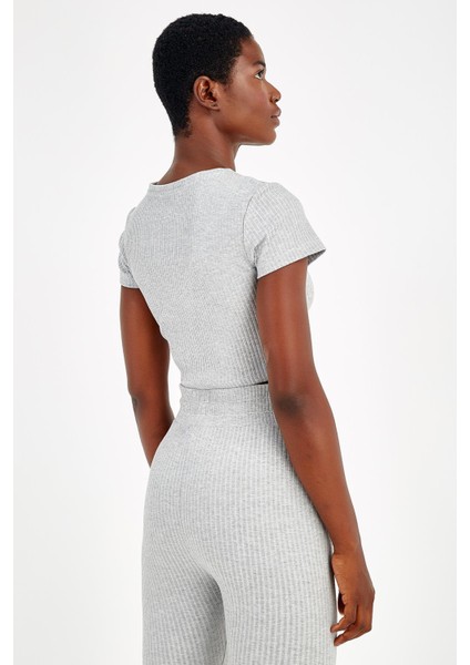 SlimFit Kadın Bisiklet Yaka Kısa Kol Gri Melanj Crop Top 18997 fiyatları