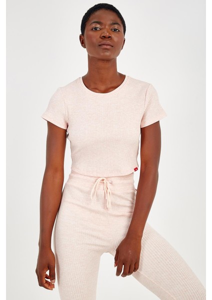 SlimFit Kadın Bisiklet Yaka Kısa Kol Mercan Crop Top 18997