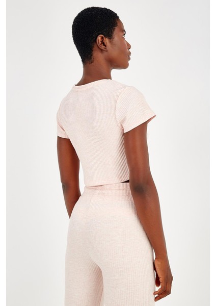 SlimFit Kadın Bisiklet Yaka Kısa Kol Mercan Crop Top 18997 fiyatları