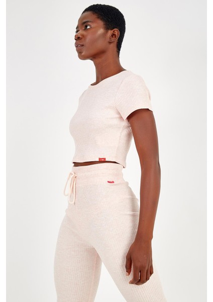 SlimFit Kadın Bisiklet Yaka Kısa Kol Mercan Crop Top 18997 modelleri