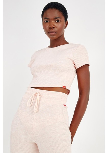 SlimFit Kadın Bisiklet Yaka Kısa Kol Mercan Crop Top 18997 indirimleri