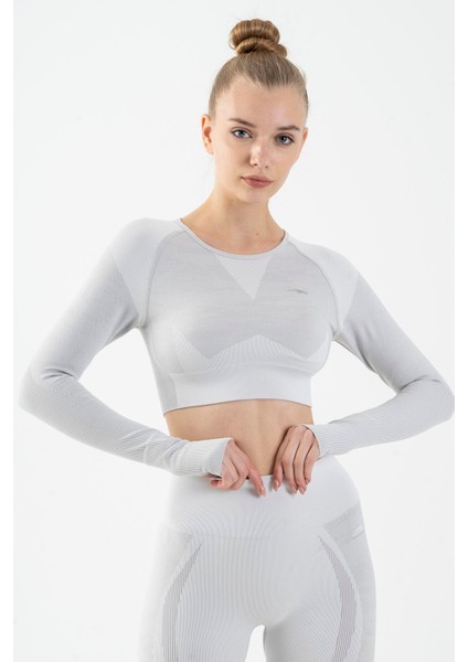 SlimFit Kadın Bisiklet Yaka Uzun Kol Ekru Crop Top 816013