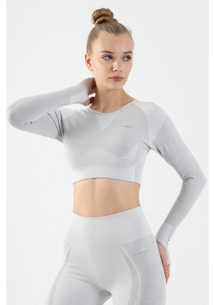 SlimFit Kadın Bisiklet Yaka Uzun Kol Ekru Crop Top 816013 modelleri