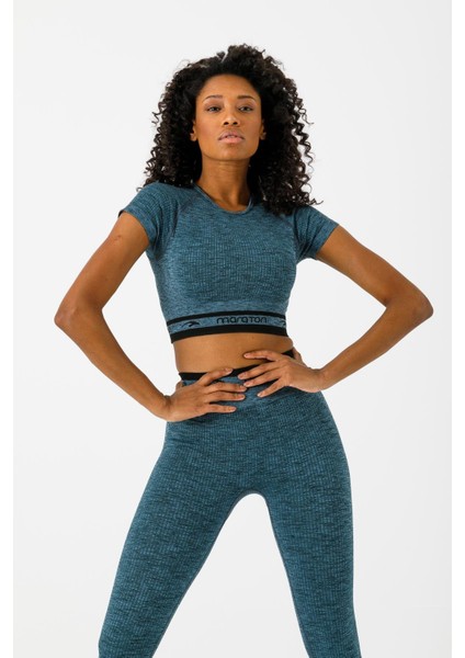 SlimFit Kadın Bisiklet Yaka Kısa Kol Petrol Crop Top 811033