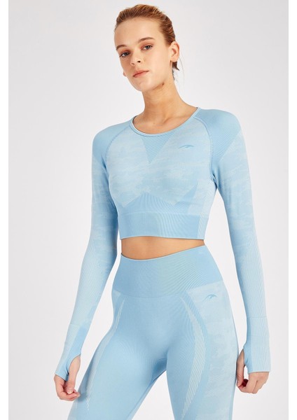 SlimFit Kadın Bisiklet Yaka Uzun Kol Mavi Crop Top 816013