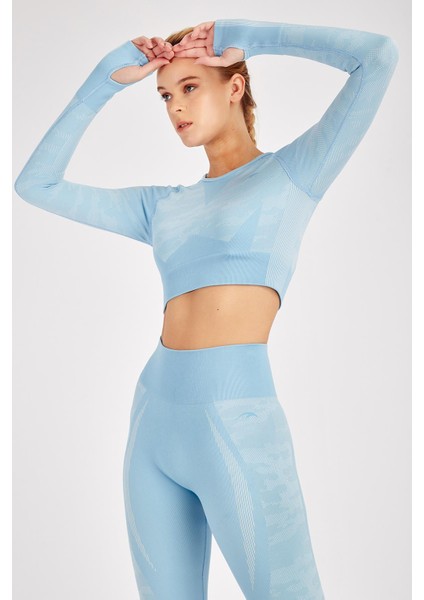 SlimFit Kadın Bisiklet Yaka Uzun Kol Mavi Crop Top 816013 modelleri