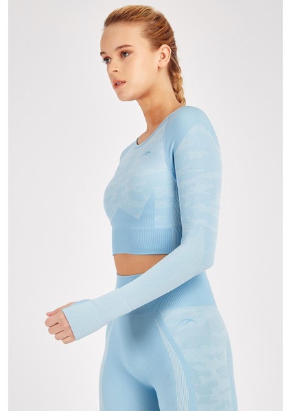 SlimFit Kadın Bisiklet Yaka Uzun Kol Mavi Crop Top 816013 fırsatları