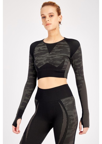 SlimFit Kadın Bisiklet Yaka Uzun Kol Siyah Crop Top 816013