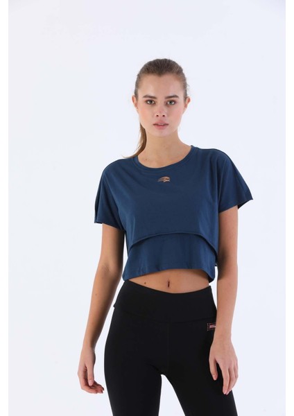 Comfort Kadın Bisiklet Yaka Kısa Kol Navymelanj Crop Top 20868