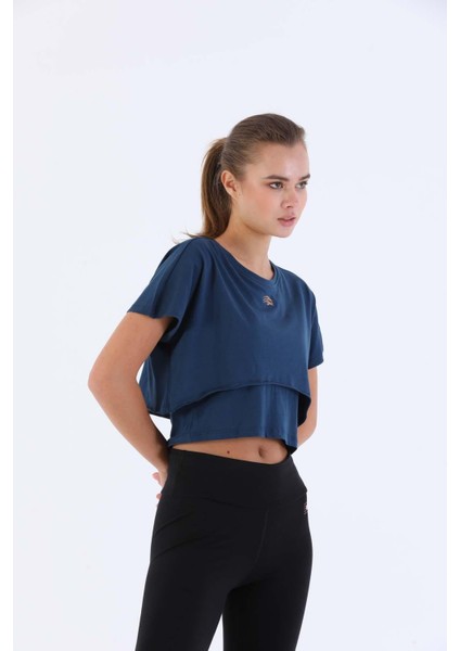 Comfort Kadın Bisiklet Yaka Kısa Kol Navymelanj Crop Top 20868 modelleri