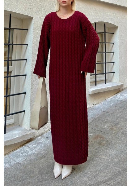 Kadın Bisiklet Yaka Saç Örgülü Triko Midi Elbise