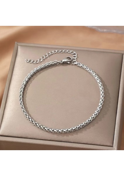 Çelik Bileklik Burgu Zincir Model 3 mm Kalınlık 18 cm Uzunluk 6 cm Ek Ayarlanabilir Gümüş (Silver)