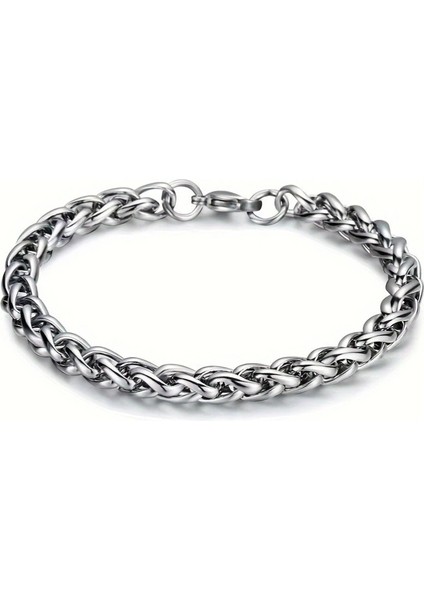 Çelik Bileklik Burgu Zincir Model 3 mm Kalınlık 18 cm Uzunluk 6 cm Ek Ayarlanabilir Gümüş (Silver)