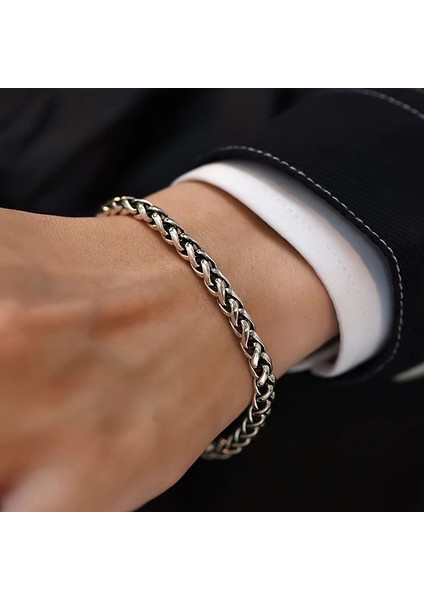 Çelik Bileklik Burgu Zincir Model 3 mm Kalınlık 18 cm Uzunluk 6 cm Ek Ayarlanabilir Gümüş (Silver)